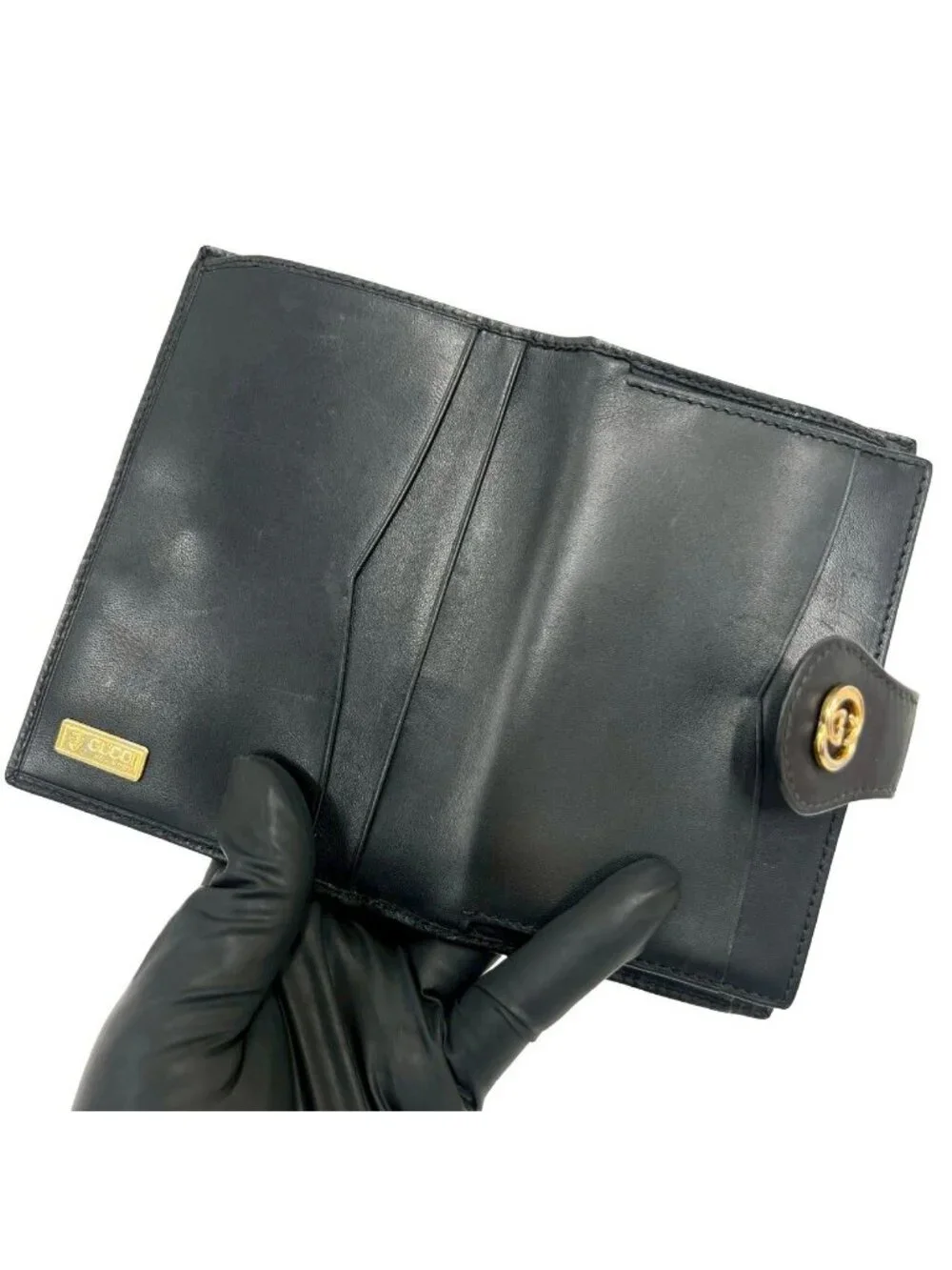 Gucci Vintage Sherry Line Micro GG Logo Leather Clasp Bifold Wallet Black - Picture 7 of 10
